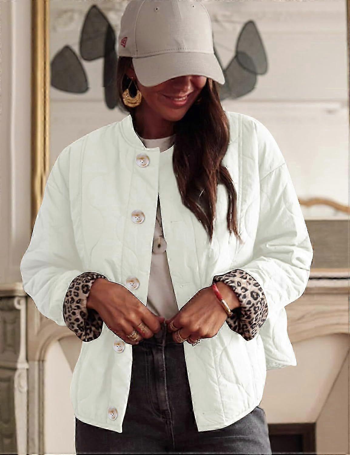 2025 Women's Cropped Quilted Jacket Button Down Coat Leopard Lining Bomber Outerwear with Pockets