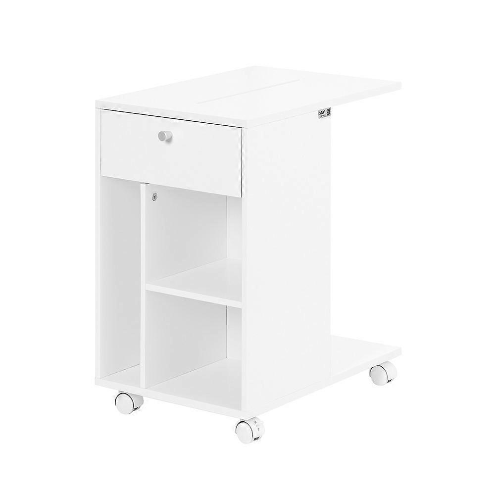 SoBuy FBT148-W,Mobile C-shaped Side Table Coffee Table on Wheels, Bedside Table, End Table with 1 Drawer and 3 Open Compartments for Living Room