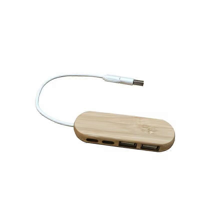 4-Port Bamboo USB Hub with Dual USB-A and Type-C for Laptop Tablet Data Transfer