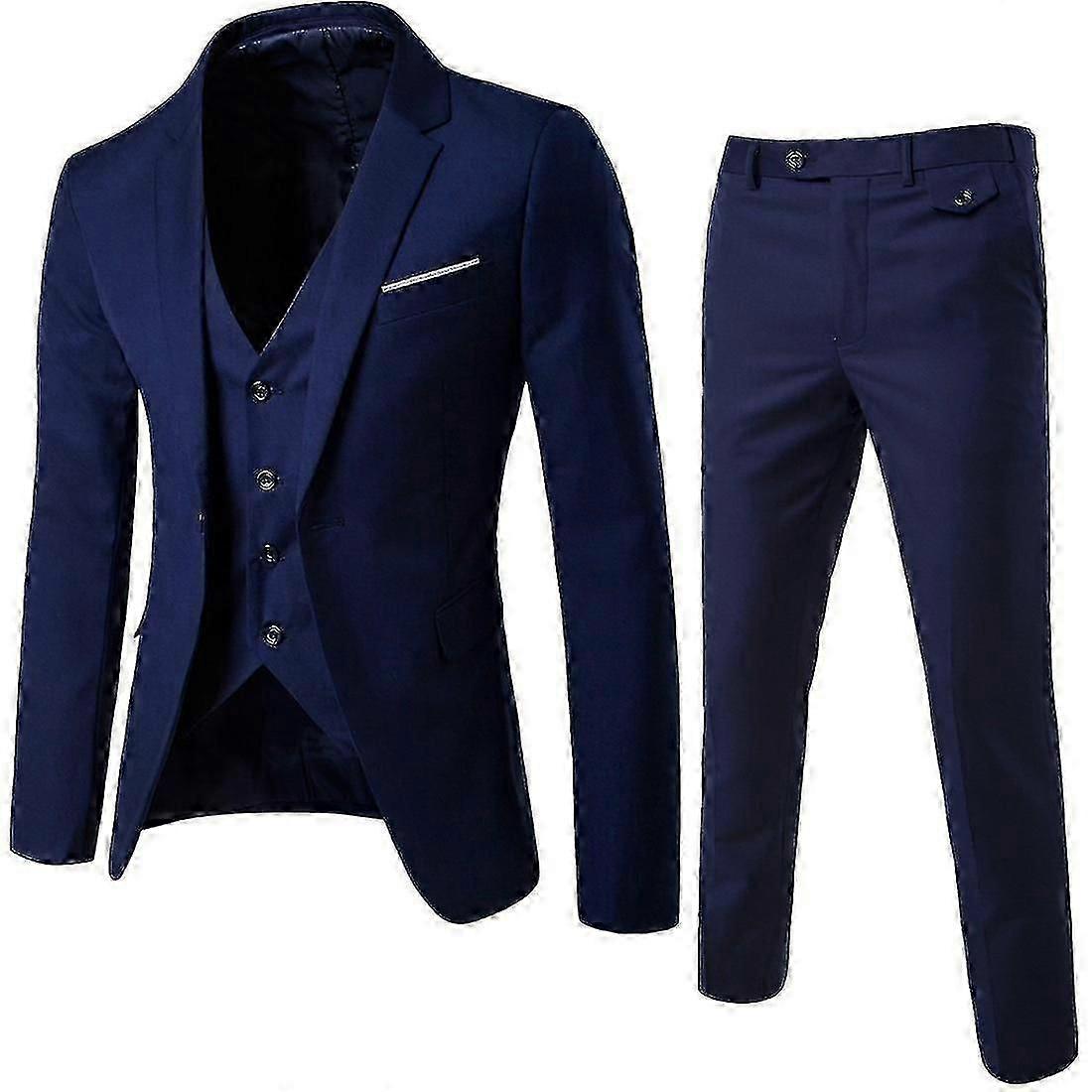 Men's 3 Piece Slim Fit Suit Set One Button Solid Jacket Vest Pants Business Set