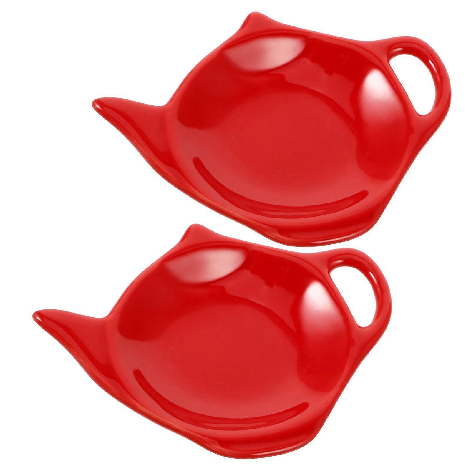 Ceramic Tea Bag Holder Teapot Style for Storage 2Pcs in Red Color