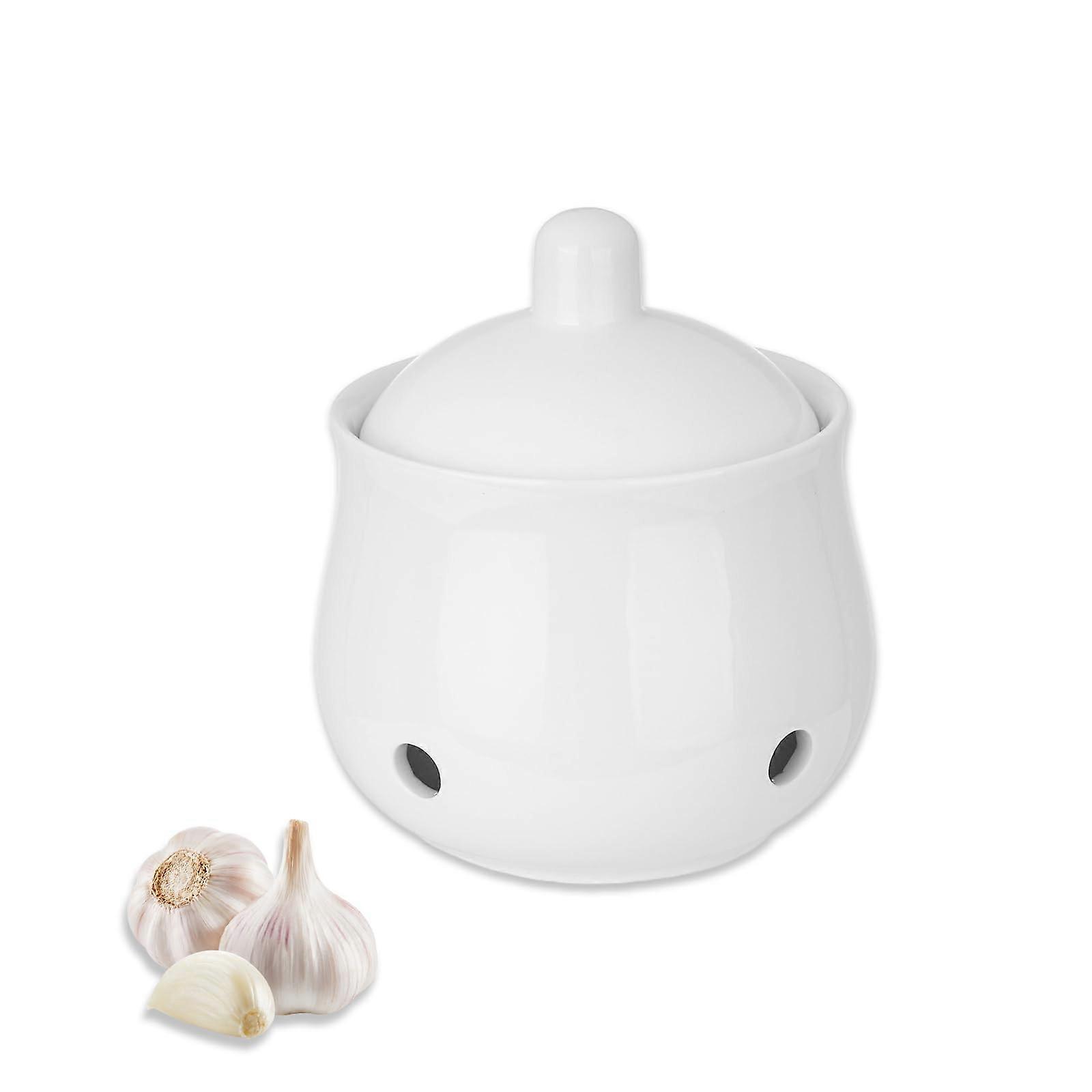 Garlic Keeper Ceramic Storage with Lid, Ventilated Design Keeps Garlic Fresh, White 12oz/350ml