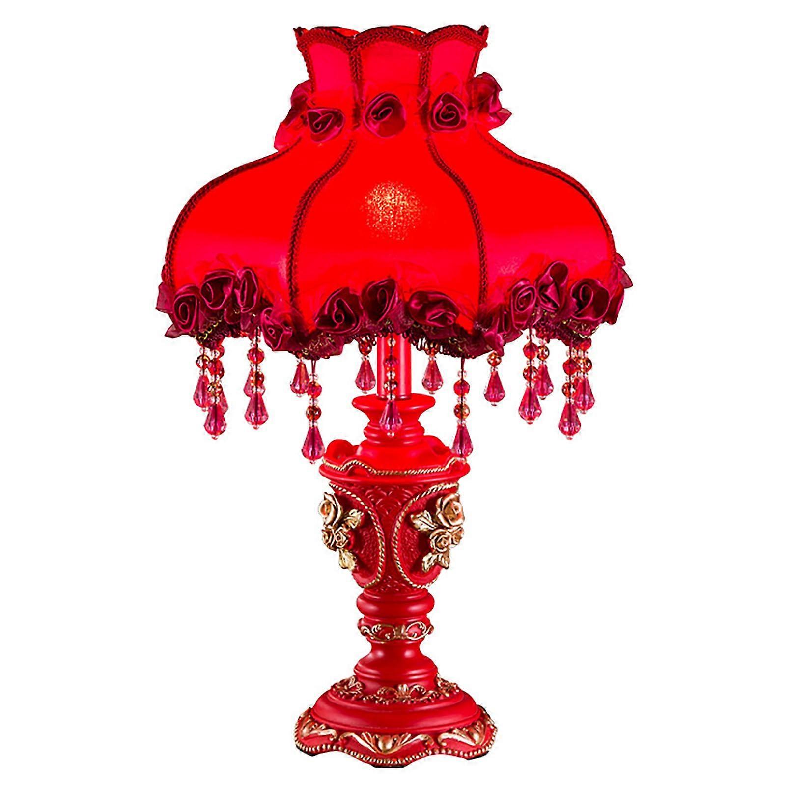 Victorian Table Lamp with Fabric Shade, Vintage Floral Design with Fringe Beads for Bedroom