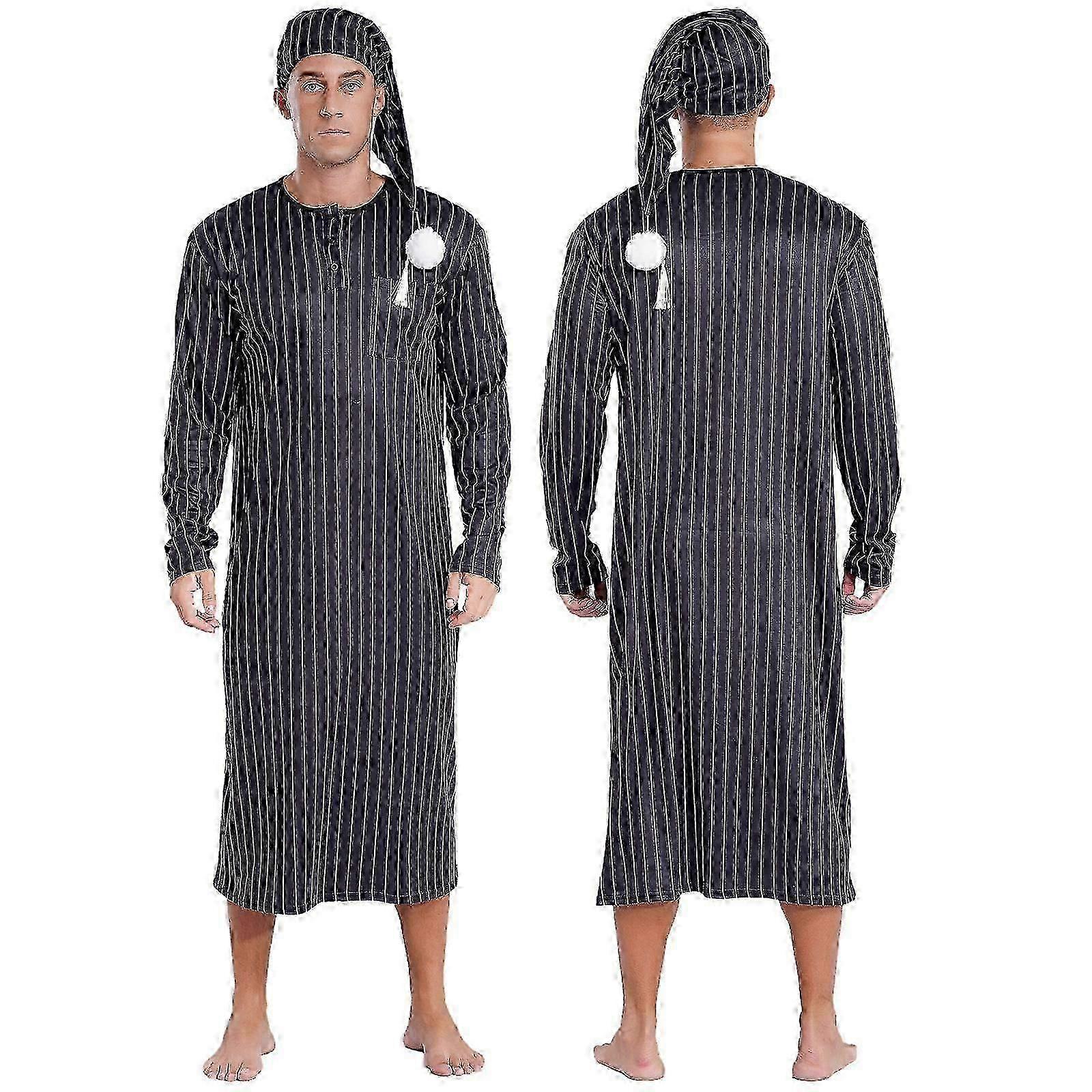 رجالي هينلي قميص نوم قميص نوم مخطط كبير وطويل القامة كم طويل قميص نوم مع قبعة ليلية