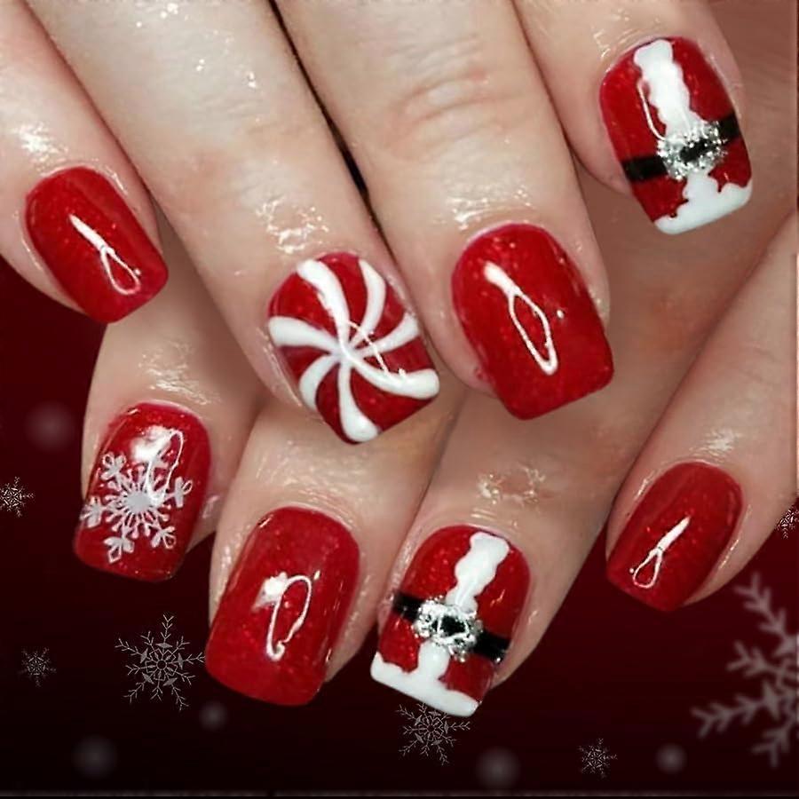 Christmas Press On Nails Short Square Red and White Snowflake Design Reusable 24Pcs Set