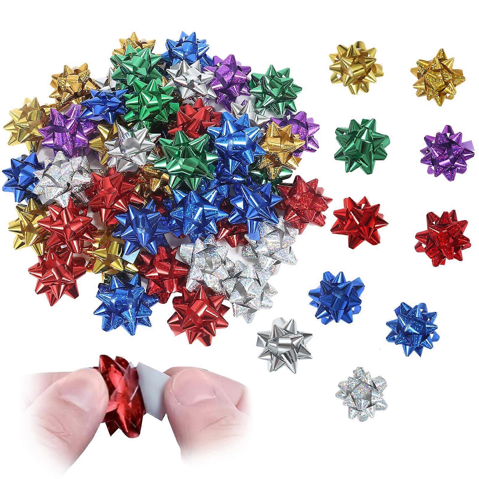 50pcs Large Pull Gift Bows, Self Adhesive Christmas Wrapping, Multi Color Shiny Star Decorations