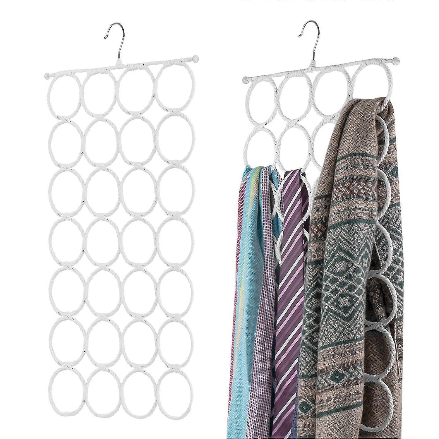 28 Loop Scarf Organizer for Closet with NonSlip Rattan, SpaceSaving Hanging Rack, 2 Pack White