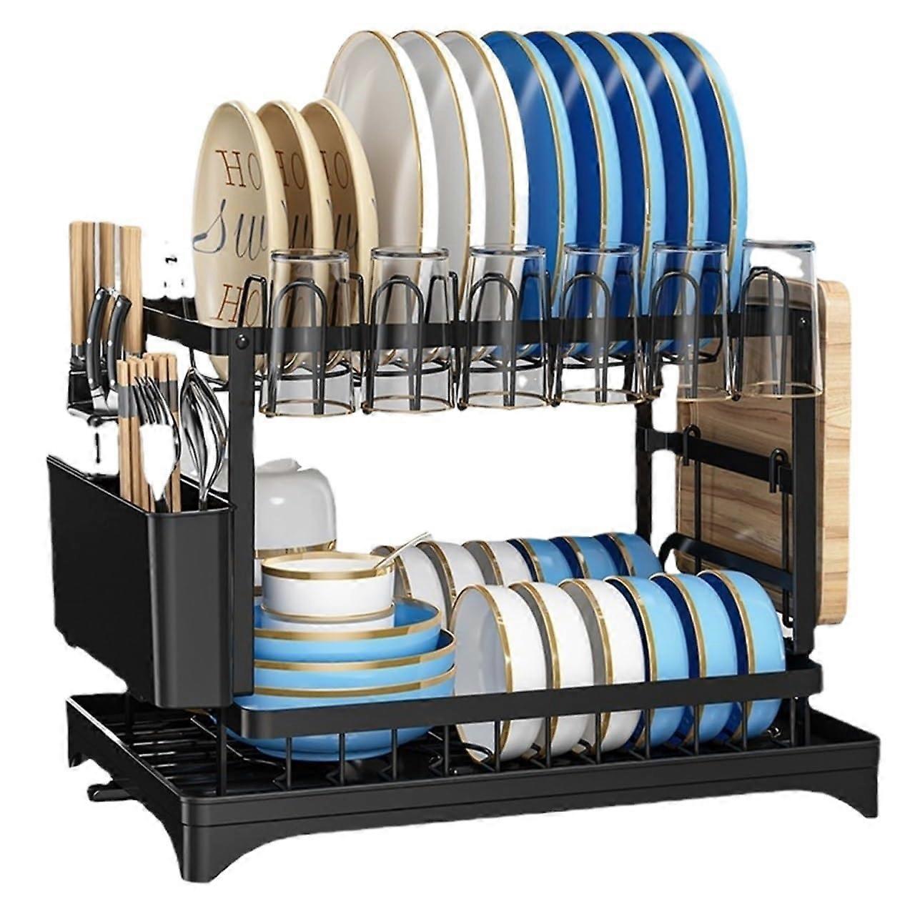 2 Tier Stainless Steel Dish Drying Rack with Draining Board SpaceSaving for Kitchen Counter