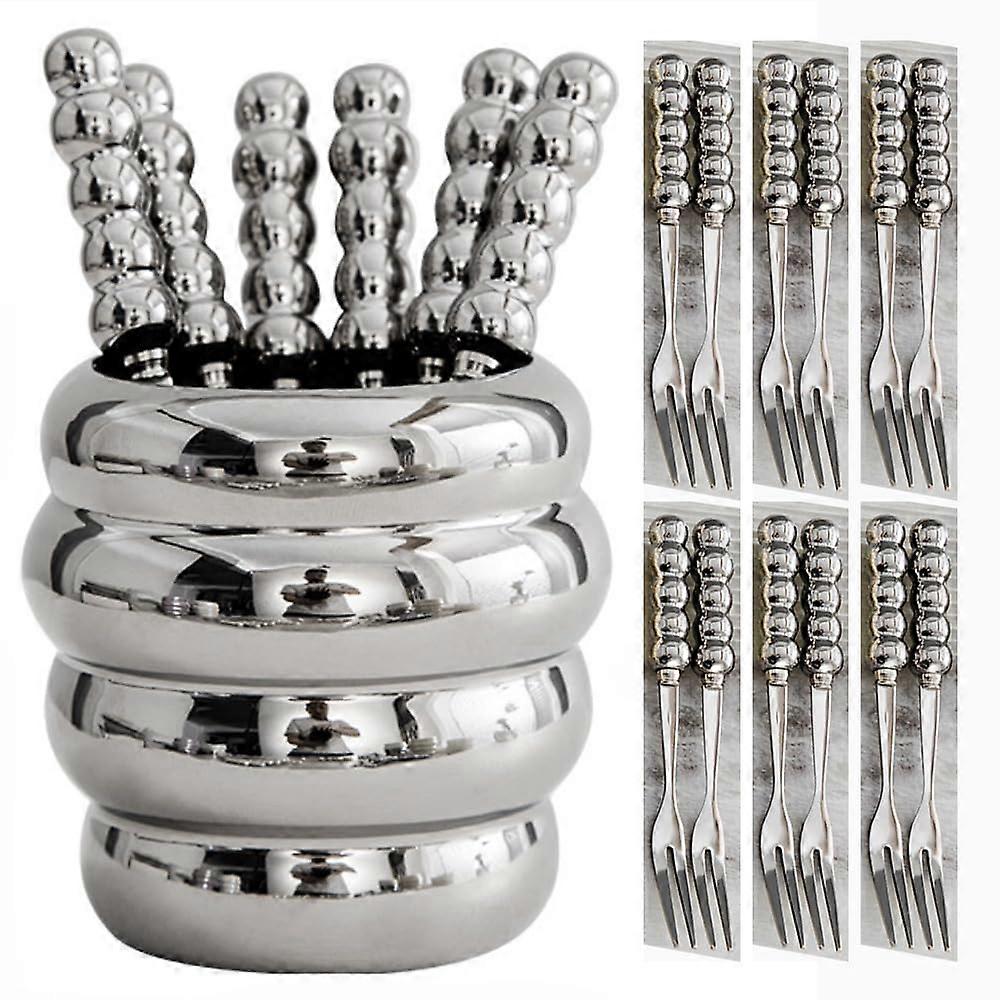 12 Pieces Stainless Steel Fruit Fork Set with Ergonomic Ceramic Handle and Storage Jar, Silver