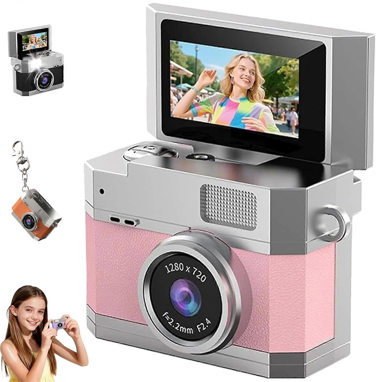 Mini Flip Screen Camera with Retro CCD Sensor, 180° Rotating Screen, Pink 64GB Vlogging Kit
