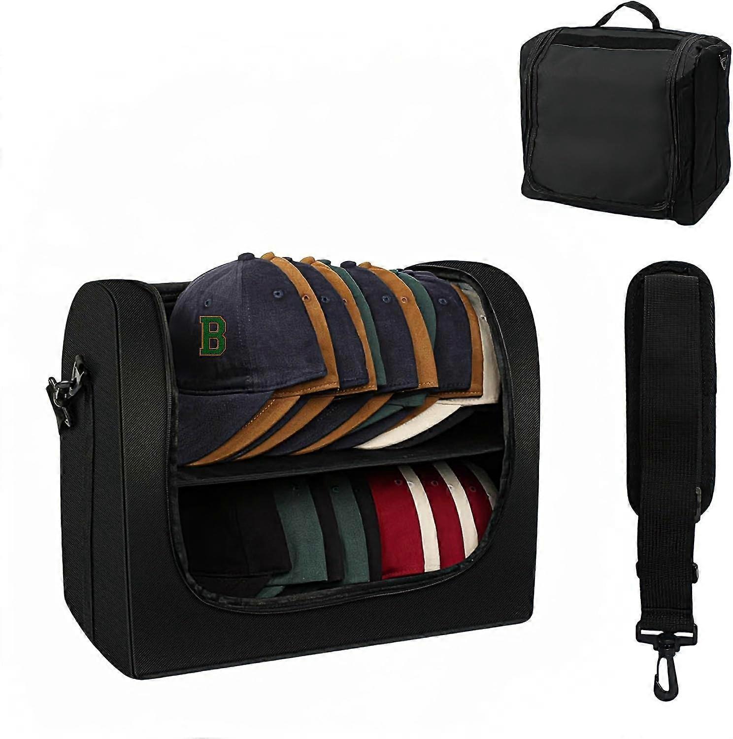 Baseball Cap Organizer for 24 Caps, Large Hat Storage Case with Handle and Adjustable Strap