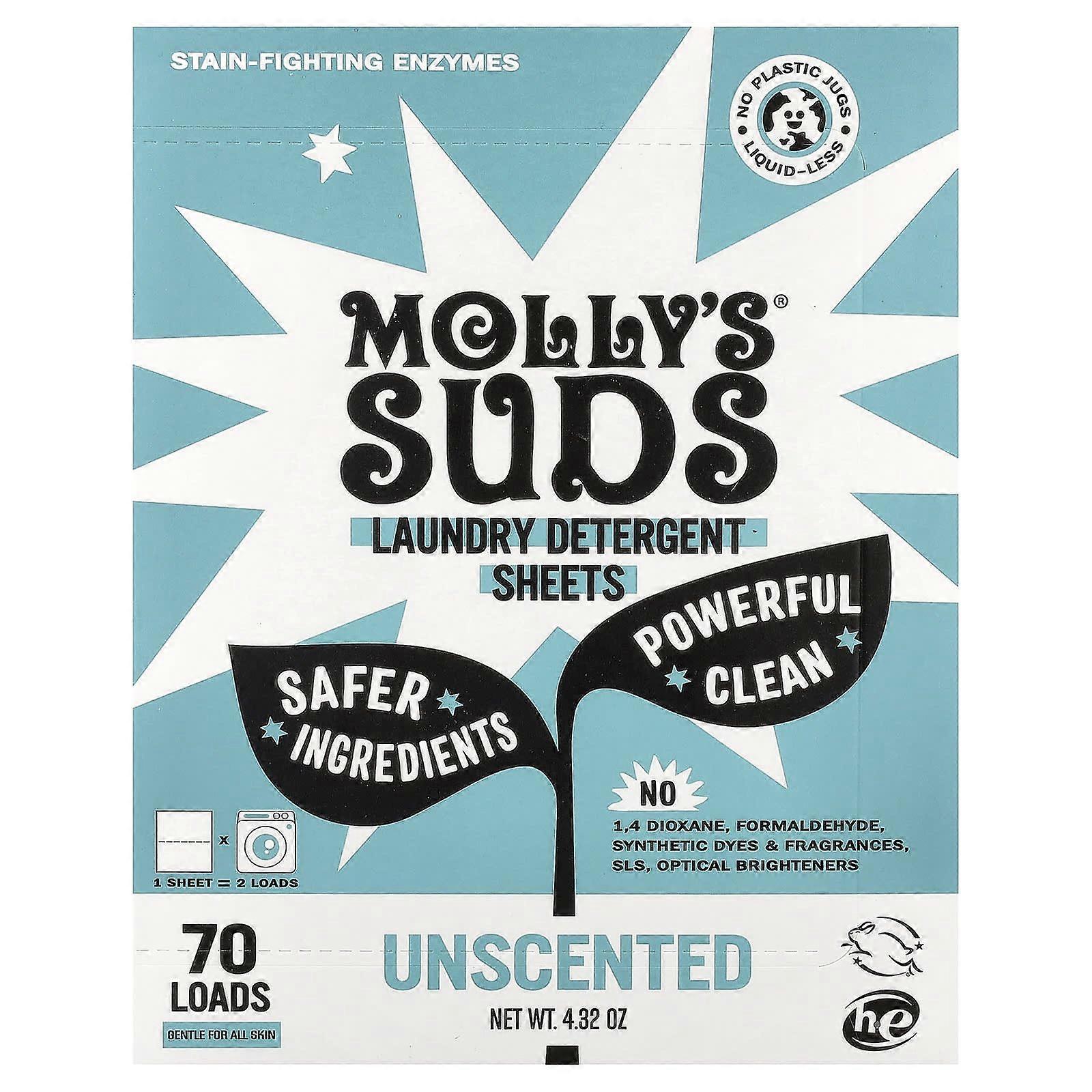 Molly's Suds, Laundry Detergent Sheets, Unscented, 35 Sheets, 2-Pack