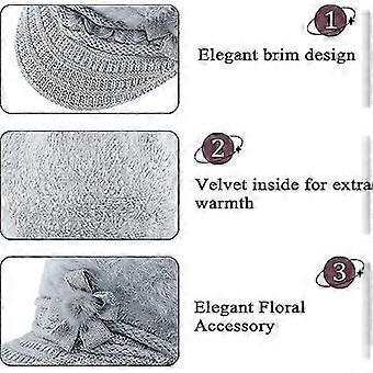 ZENGO 3 Pieces Hat Scarf and Gloves Set Winter Warm Women Slouchy Knitted Flower Beanie Caps with Visor Fleece Hats and Neck Warmer Scarf with Gloves