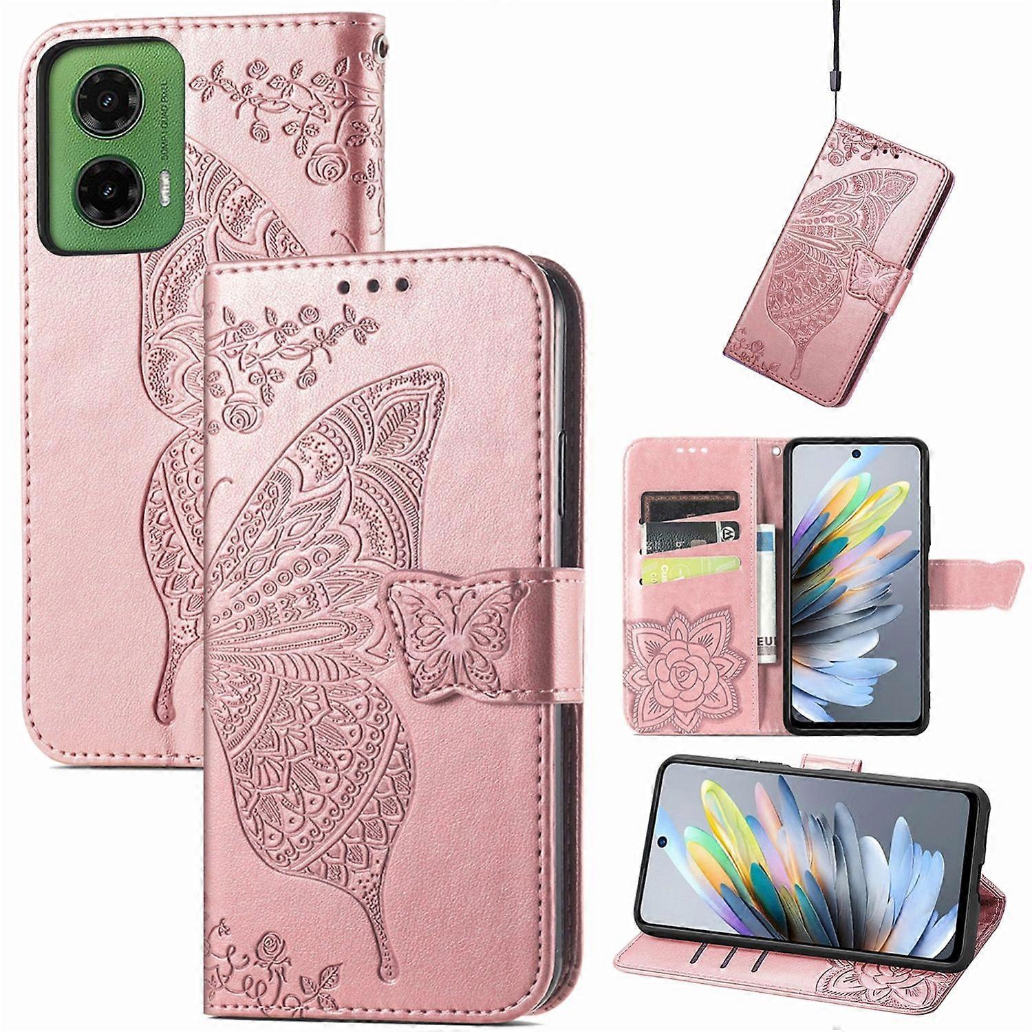 For Motorola Moto G35 Faux Leather Wallet Phone Case Butterfly Design Cover Pink