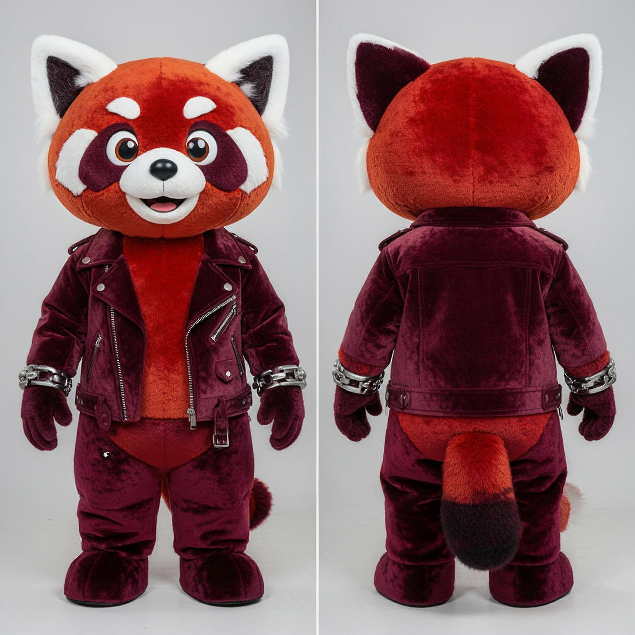 MASTICOT Velvety Maroon Red Panda Mascot With Biker Jacket