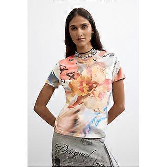 Desigual Aisha Floral Print Jersey Tshirt in Peach Tones 26WWTK29