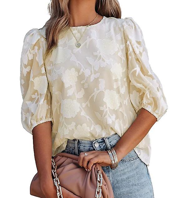 الصيف الجديد المرأة الشيفون الأزهار جولة الرقبة نفخة الأكمام أزياء بلوفر قميص
