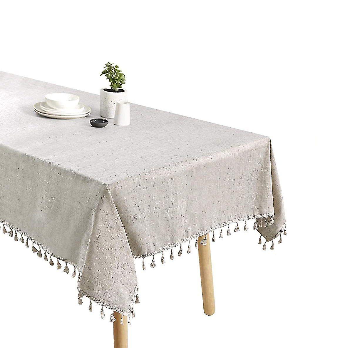 Tablecloth Rectangular Tassel Tablecloth Beige Cotton Linen Tablecloth Wipe Clean Dustproof Coffee