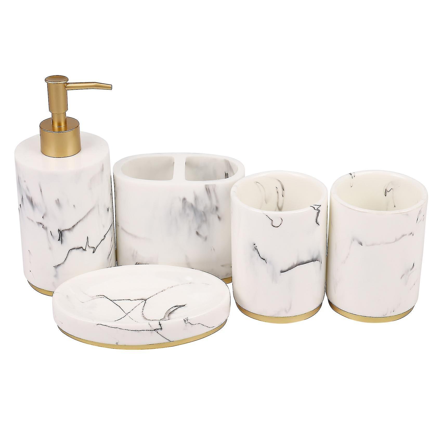 バスルームアクセサリーセット、5ピースバスアンサンブル、バスセットコレクション大理石パターンソープディスペンサー