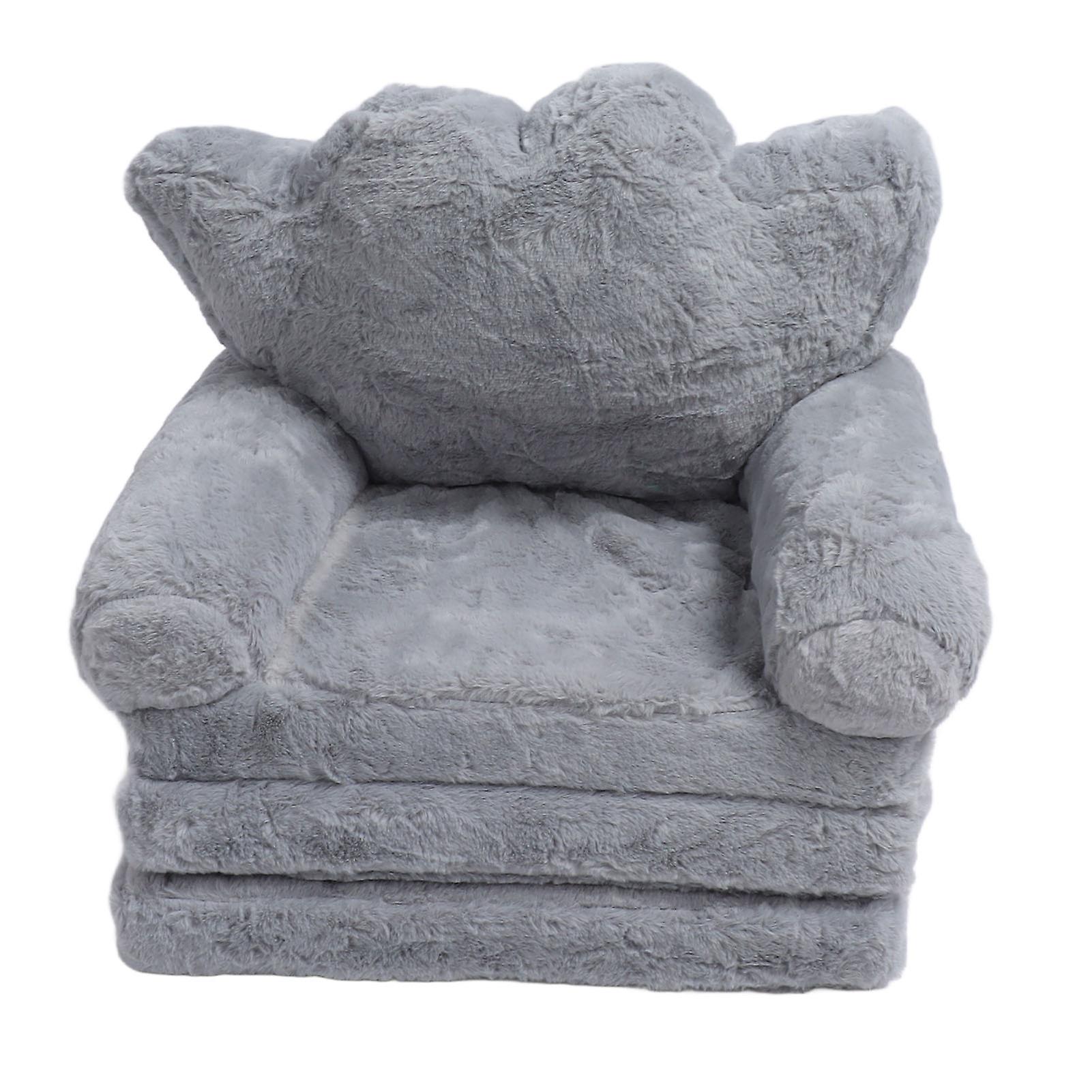 Crown Shape Foldable Seat Cushion Chair Pad for Girl Princess Baby Kids Small Sofa with Backrest Grey Rabbit Hair 3 Layers