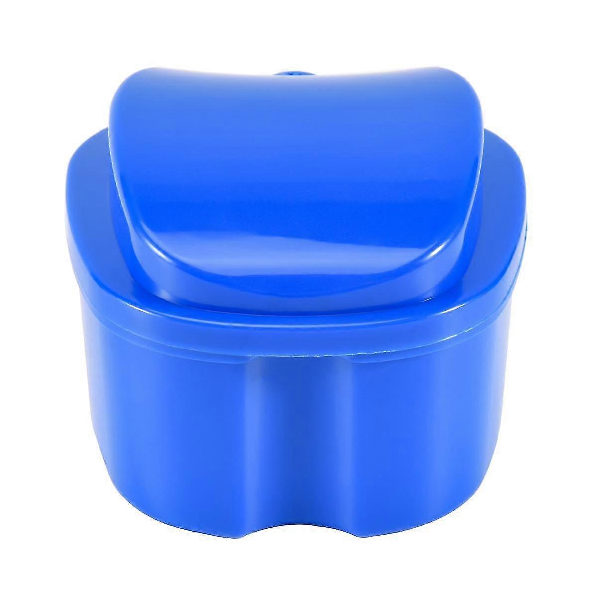Dark Blue Denture Case, Denture Cup with Strainer, Denture Bath Box False Teeth Storage Box with Ba