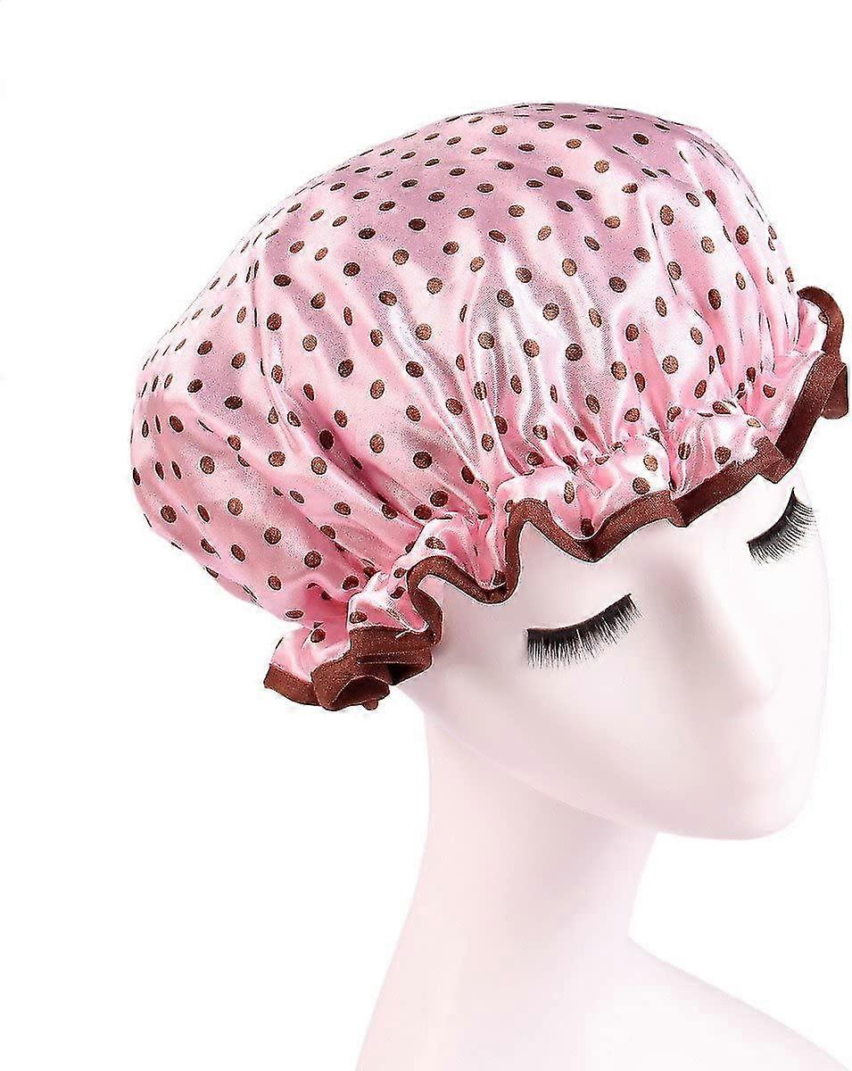 Waterproof Double Layers Women's Shower Cap Reusable Bath Cap Bathing Hat (pink Polka Dot)(5pcs)