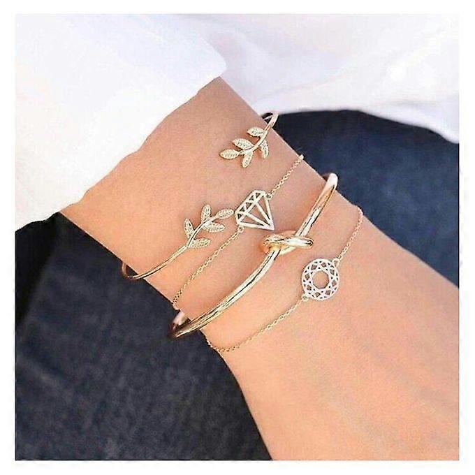 4 PCS /Set Women Fashion Bohemia Leaf Knot Hand Cuff Link Chain Charm Bracelet Bangle Gold