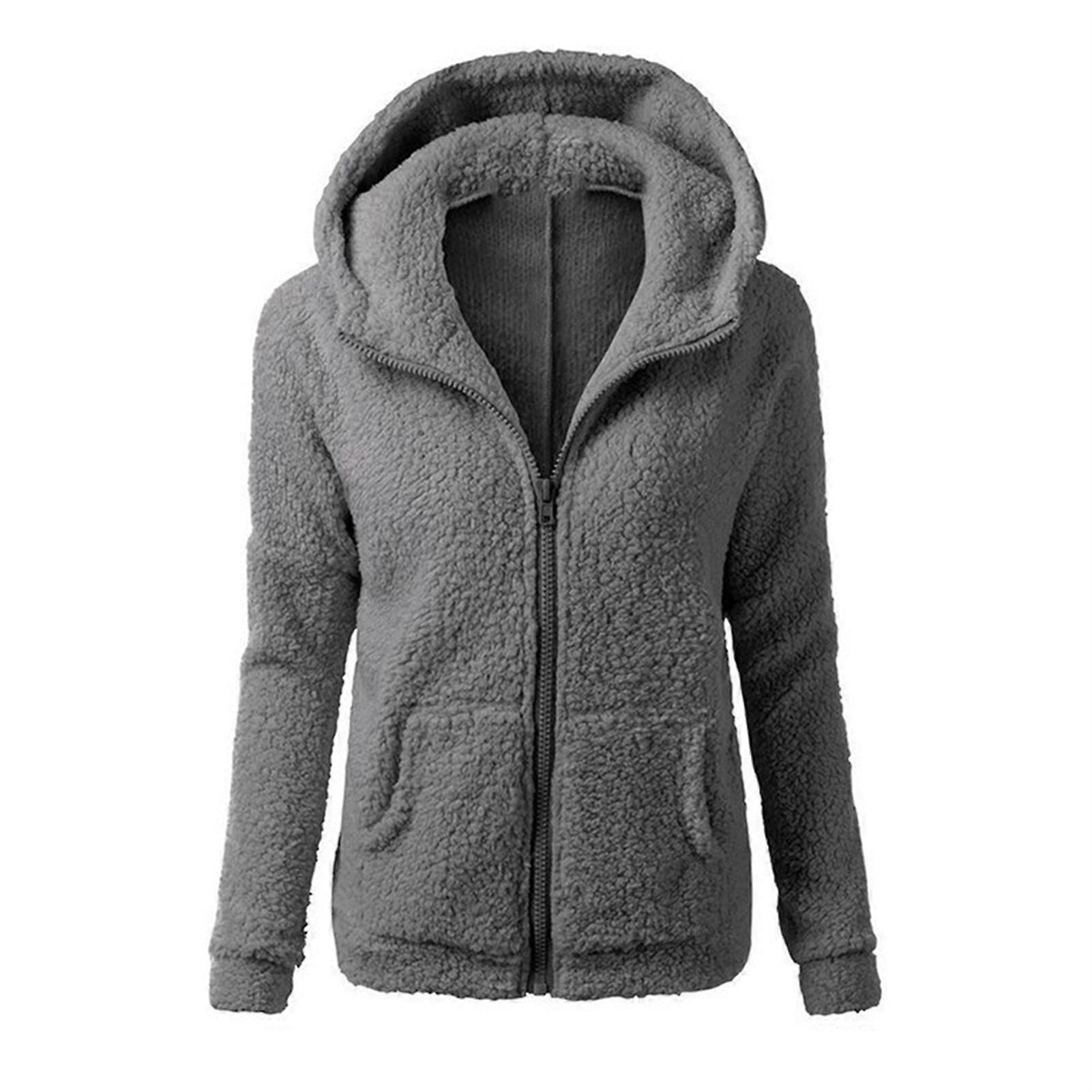 Women Full Zip Fuzzy Sweatshirt with Pockets Slim Plush Hooded Outercoat
