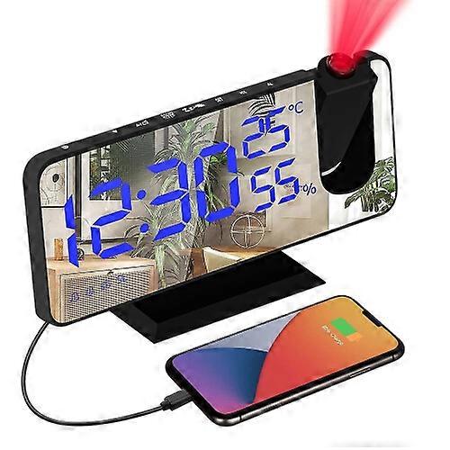 (أسود أزرق) الإسقاط المنبه راديو رقمي المنبه مع مرآة سطح USB شاحن الهاتف