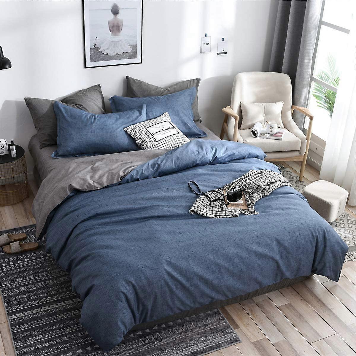 4pcs Microfiber Plain Pattern Plaid Bedding Set (220x240cm,Blue Grey)