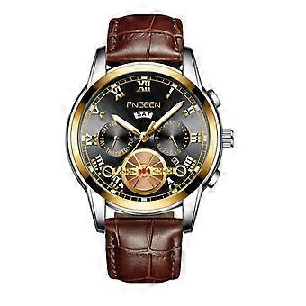 Man Watch, Kleur: Brown Leather Gold Black Surface