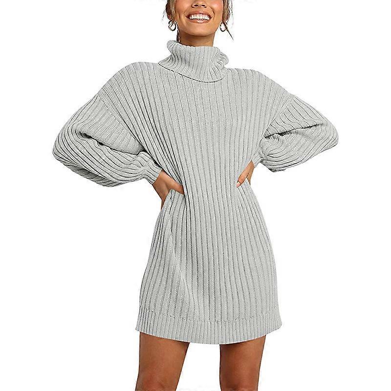 New solid color high neck lantern long sleeved medium length knitted dress