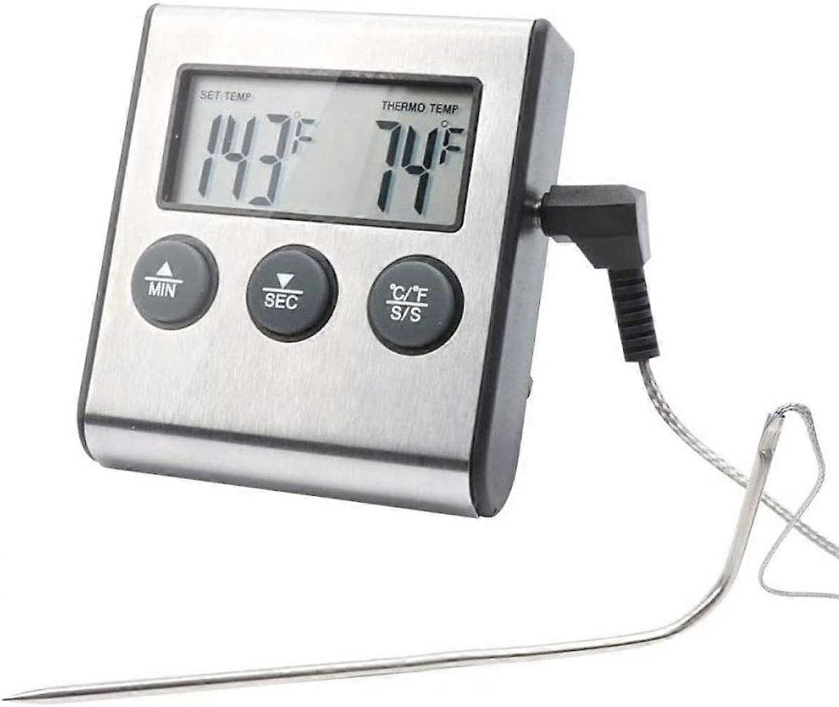 Digital ugn kötttermometer och timer, stor LCD digital matlagningstermometer med sond, rost