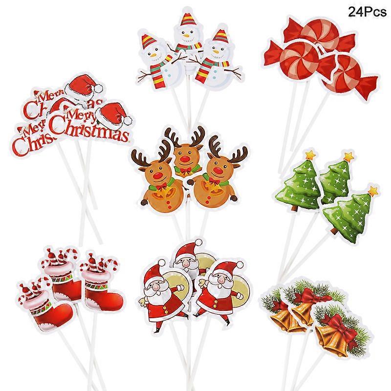 24/48Pcs Cartoon Christmas Cake Topper Santa Claus Xmas Tree Cupcake Topper for New Year Party Xmas Cake Decoration Noel Navidad