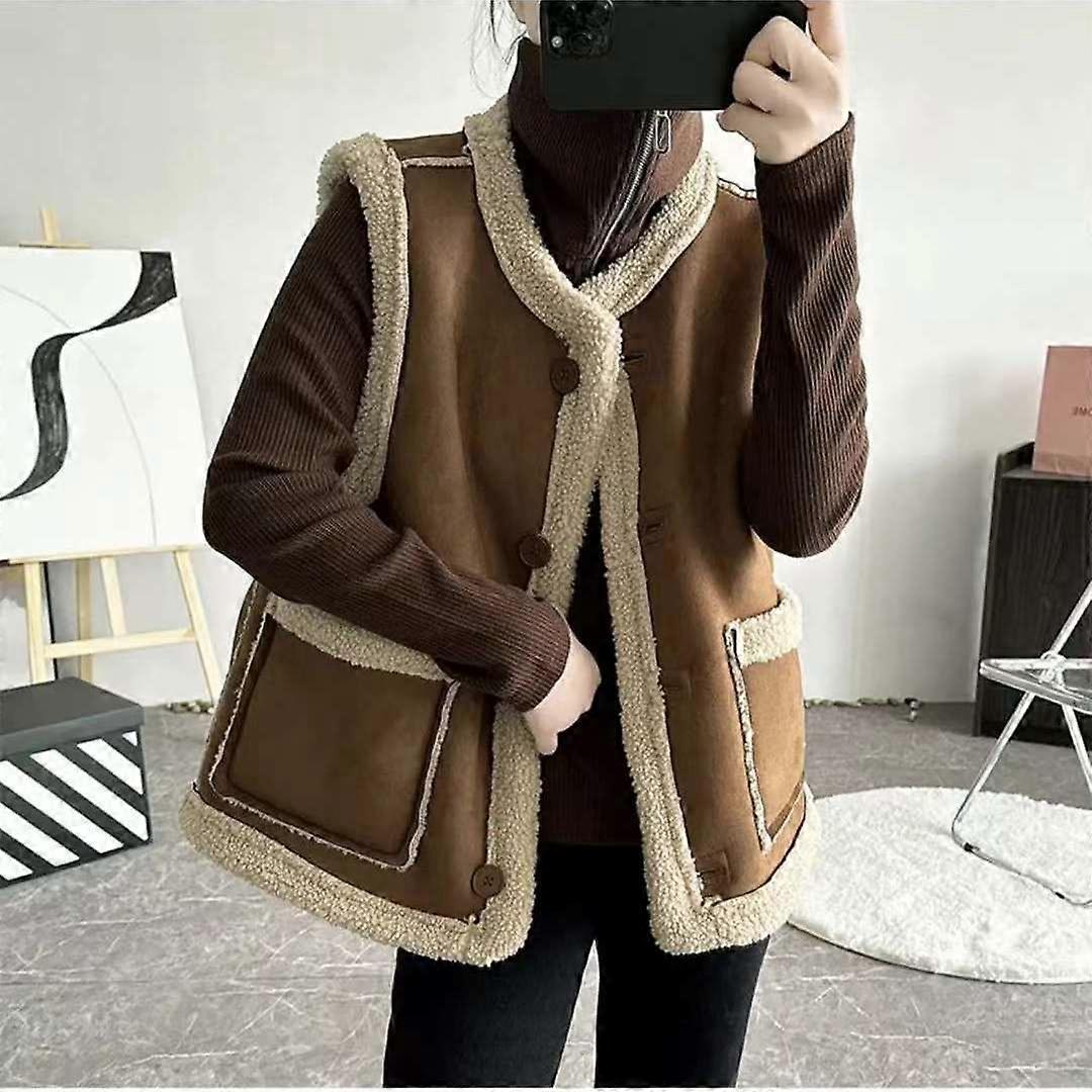 Double-Sided Vest Women's Vintage Sheepskin Fur Vest Reversible Waistcoat Autumn Winter Brown Vest