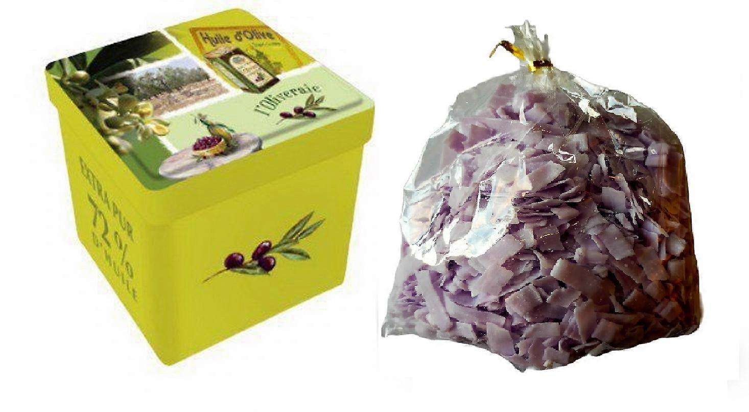 Lata de sabão de metal quadrada com impressão l'Oliveraie com flocos de sabão aroma de lavanda