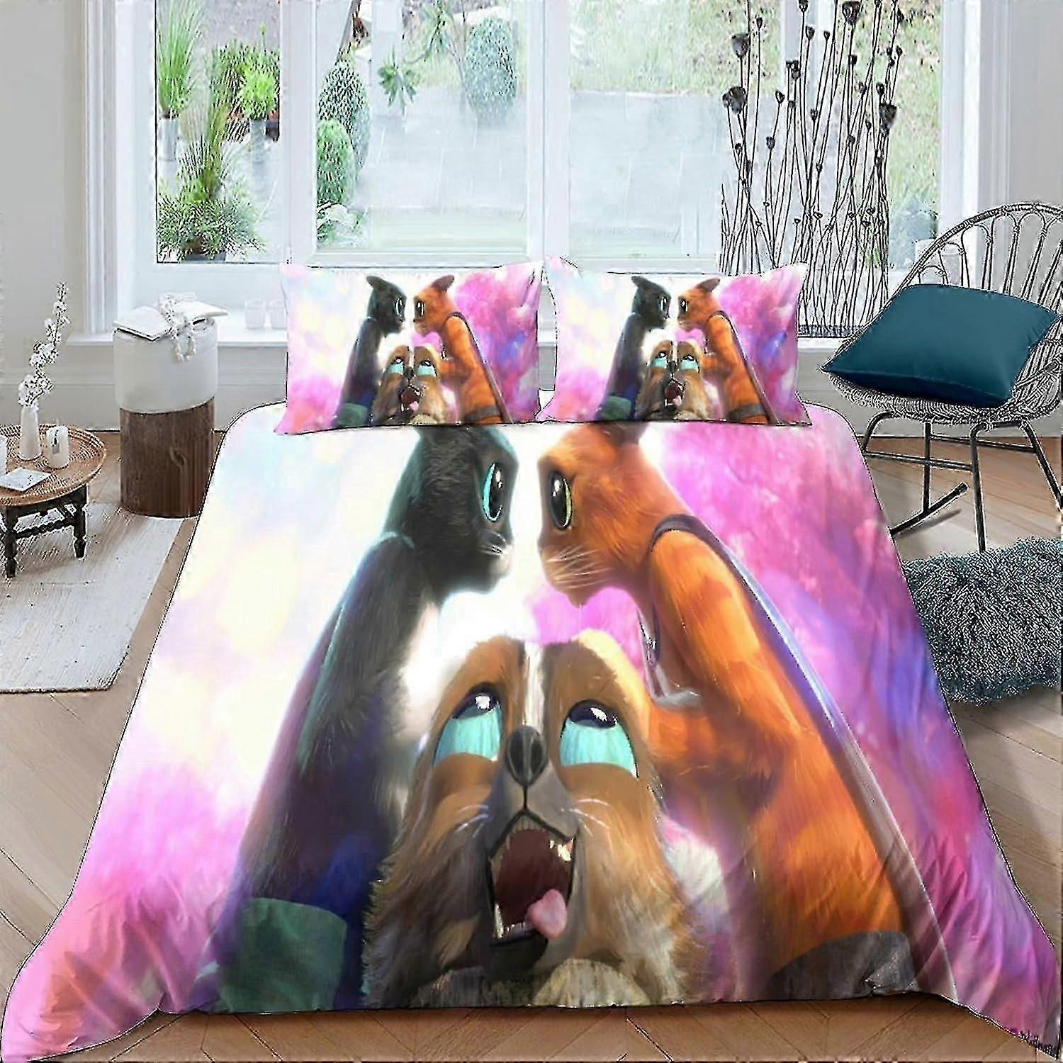 o4865 Lençóis de Cama Gato de Botas Capa de Edredom Conjunto de Cama de Microfibra, Capa de Edredom para Gatos com Impressão 3D e Fronha, Com Fecho de Zíper, Capa de Edredom Macia