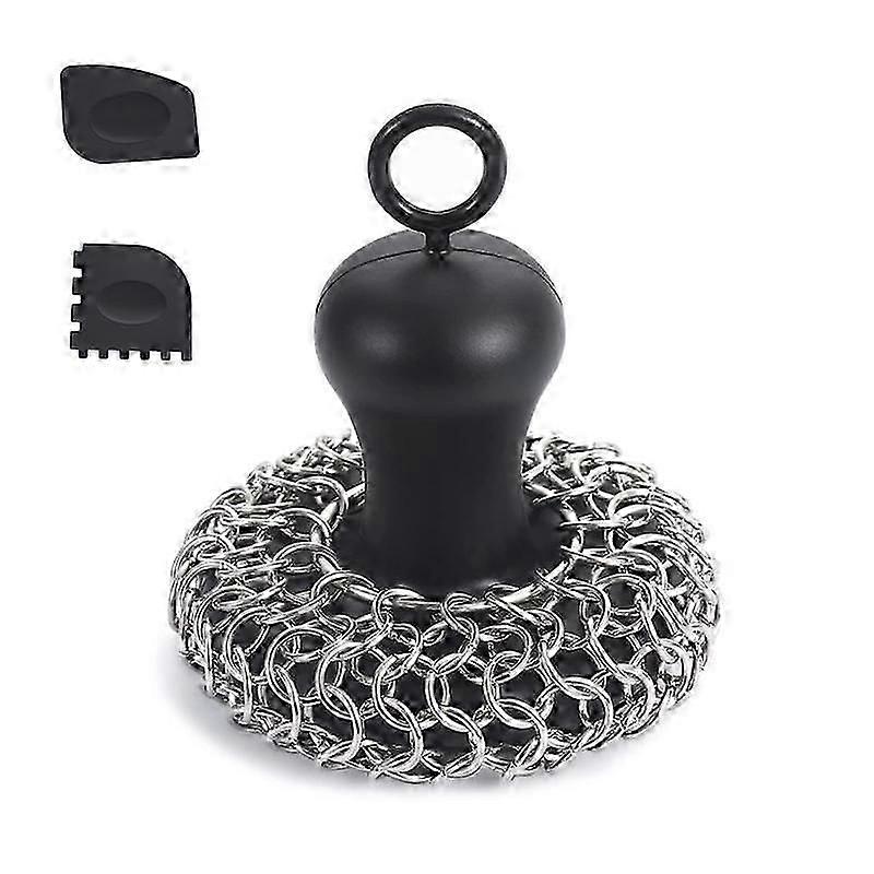 Cast Iron Chainmail Scrubber + Pan Scraper, Stainless Steel Skillet Cleaner, Scraper Tool for Cast