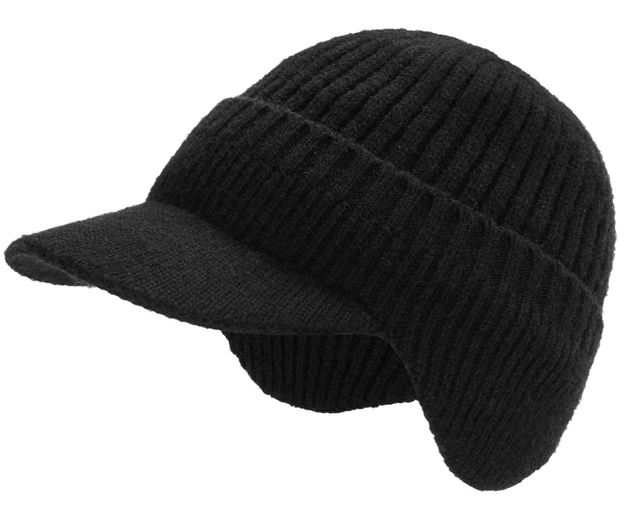 Winter Visor Beanie Hat with Earflaps for Men, Fleece Lined Knit Ski Cap, Warm Baseball Style, Adjustable Size