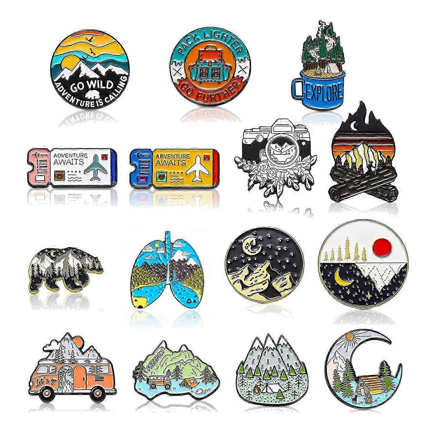 15 Pack Outdoor Enamel Pin Backpack Aesthetic Enamel Pin Set Natural Button Pins Vintage Lapel Pins