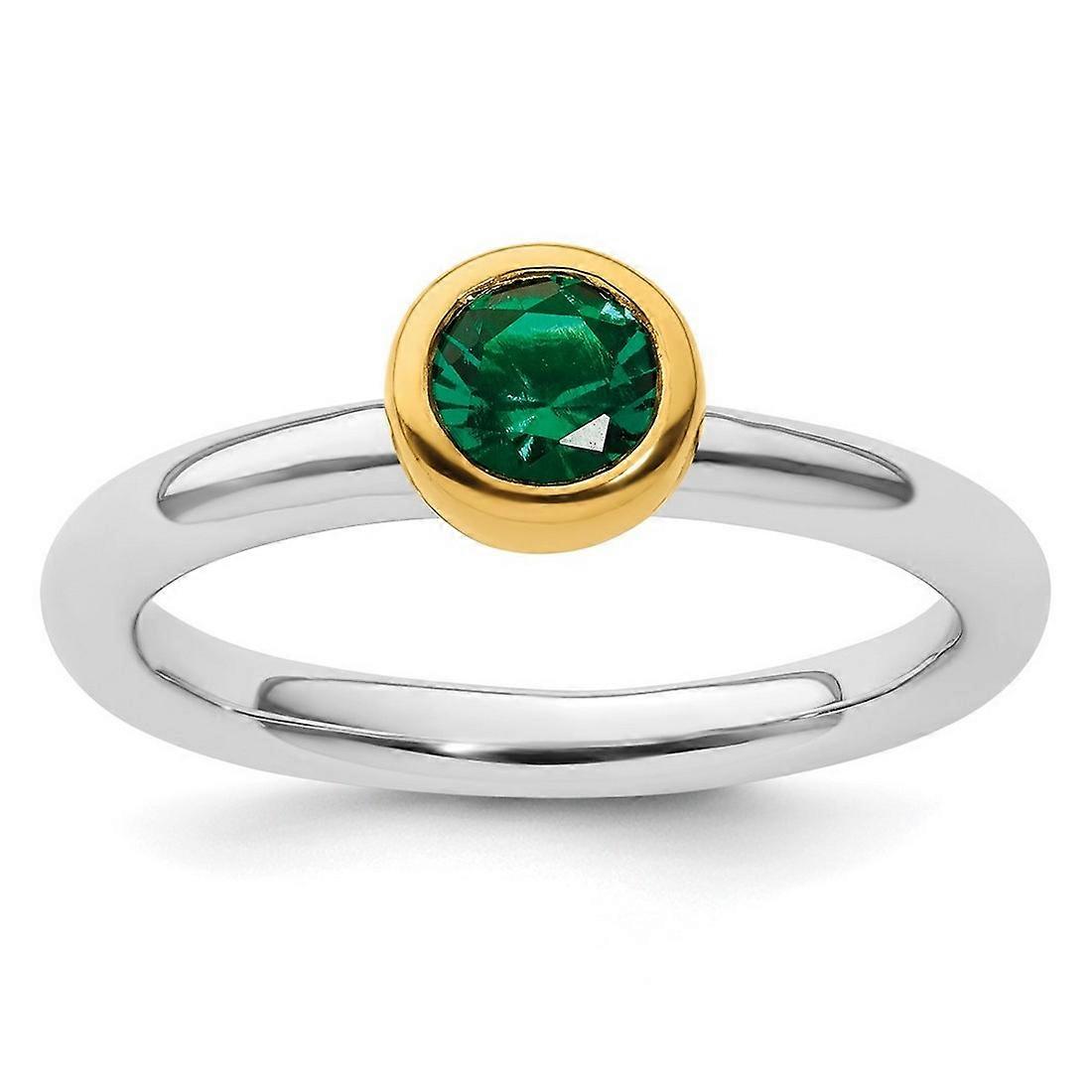 925 Sterling Silver Bezel Polished Stackable With Gold PlatedCreated Emerald Ring-Stackable-Ring for Women - Ring Size: