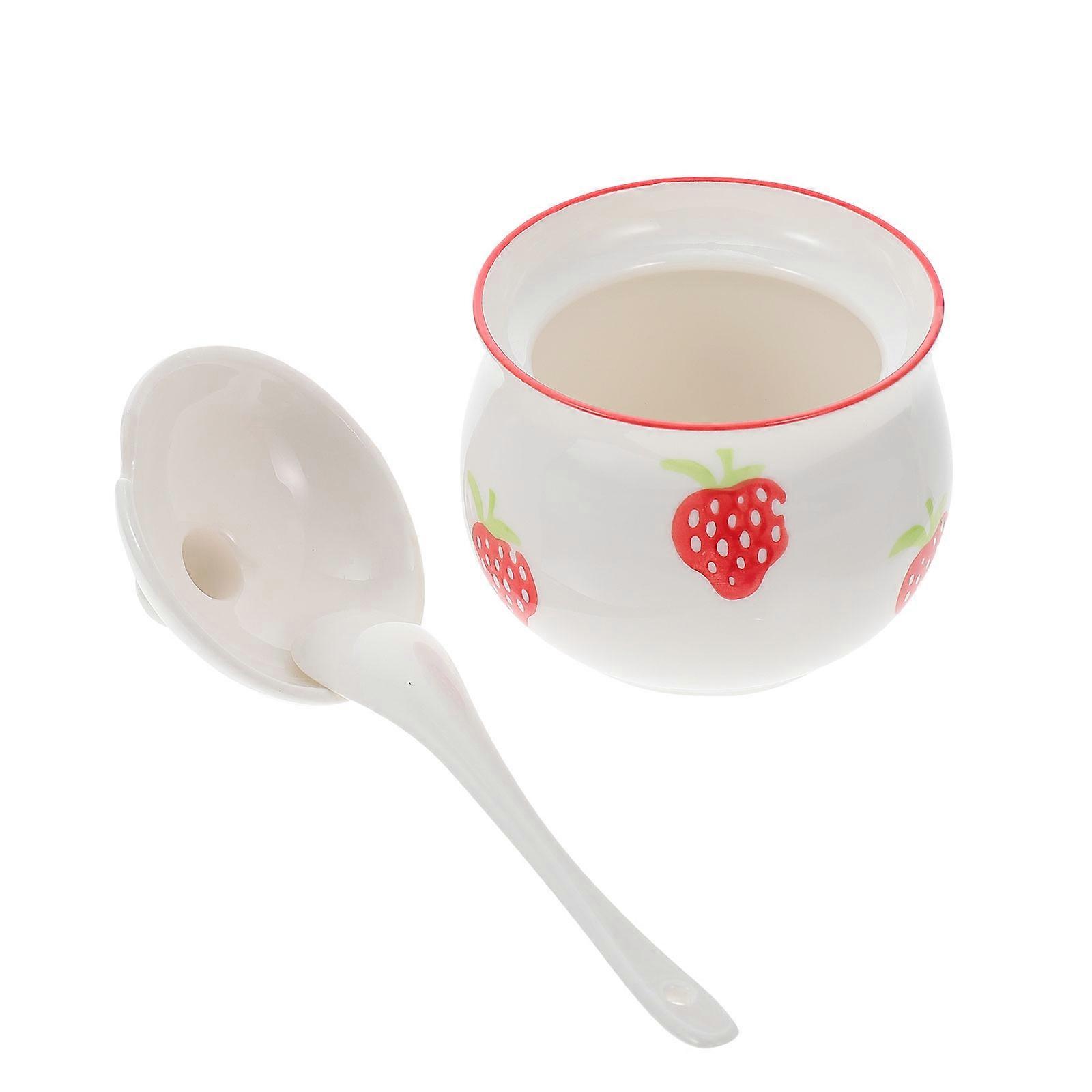 Cute Strawberry Shaped Condiment Storage Jar Set with Spoon for Salt, Sugar & Pepper Kitchen Seasoning Organizer Container