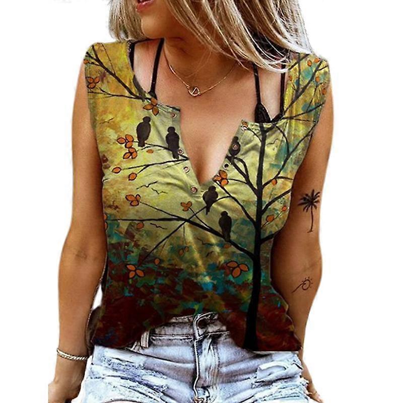 Γυναίκες Δεξαμενές Sexy V Neck Αμάνικες καλοκαιρινές μπλούζες Γιλέκο 3D Print Τραγουδώντας πουλιά και αρωματικά λουλούδια Μπλούζες