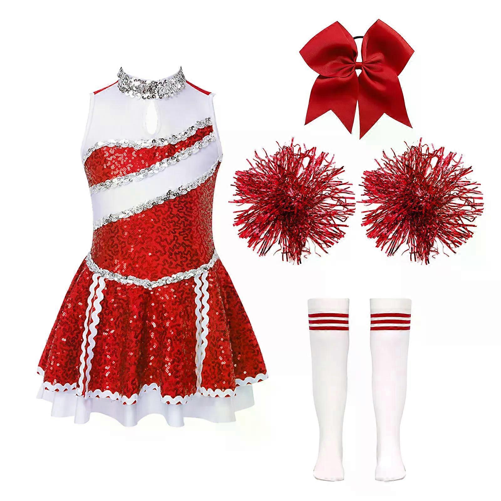 Enfants Filles Cheerleading Tenue De Danse Ecolière Cheer Uniforme Sports Réunion Vêtements Robe Avec Couvre-chef Main Fleurs Chaussettes