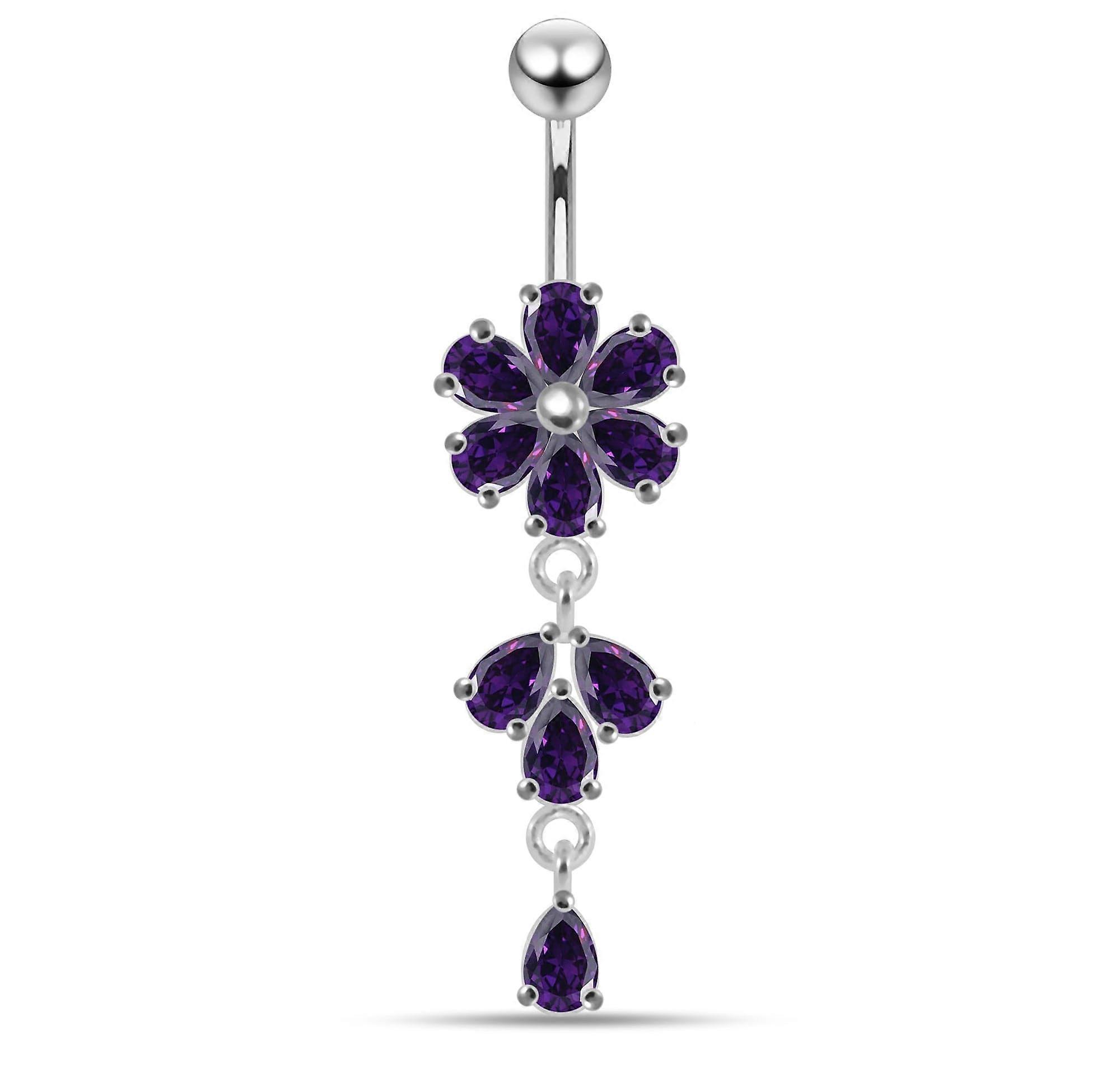 Moving Flower Designed Cz Jewelled Navel Ring