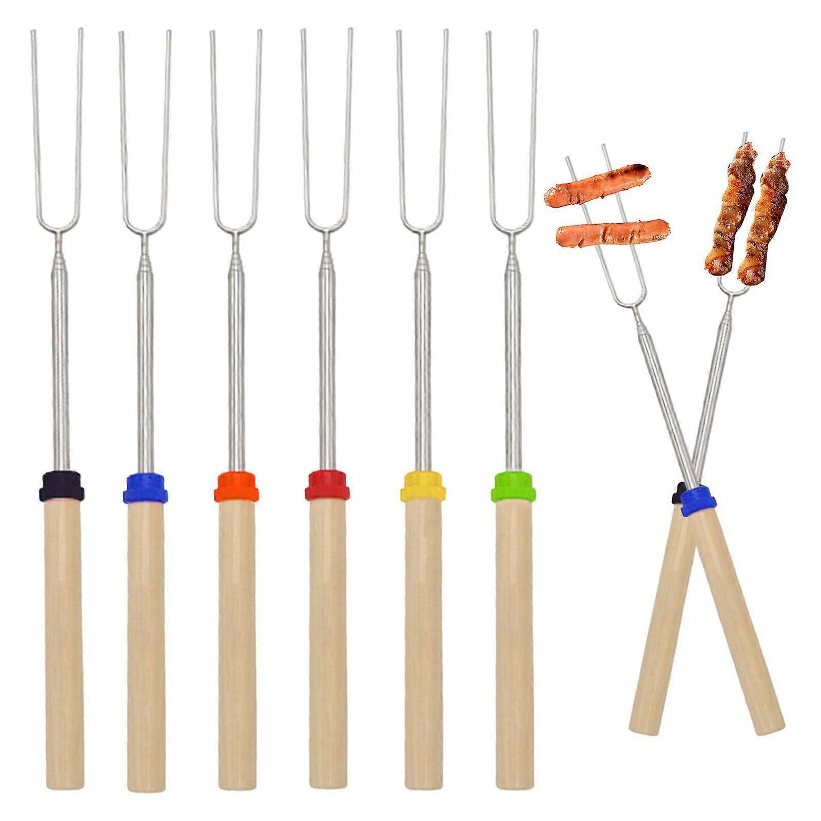 Telescopic Barbecue Skewers Pack of 6, Stainless Steel Campfire Skewers with Wooden Handle, Long Heat Insulation for Safe Grilling