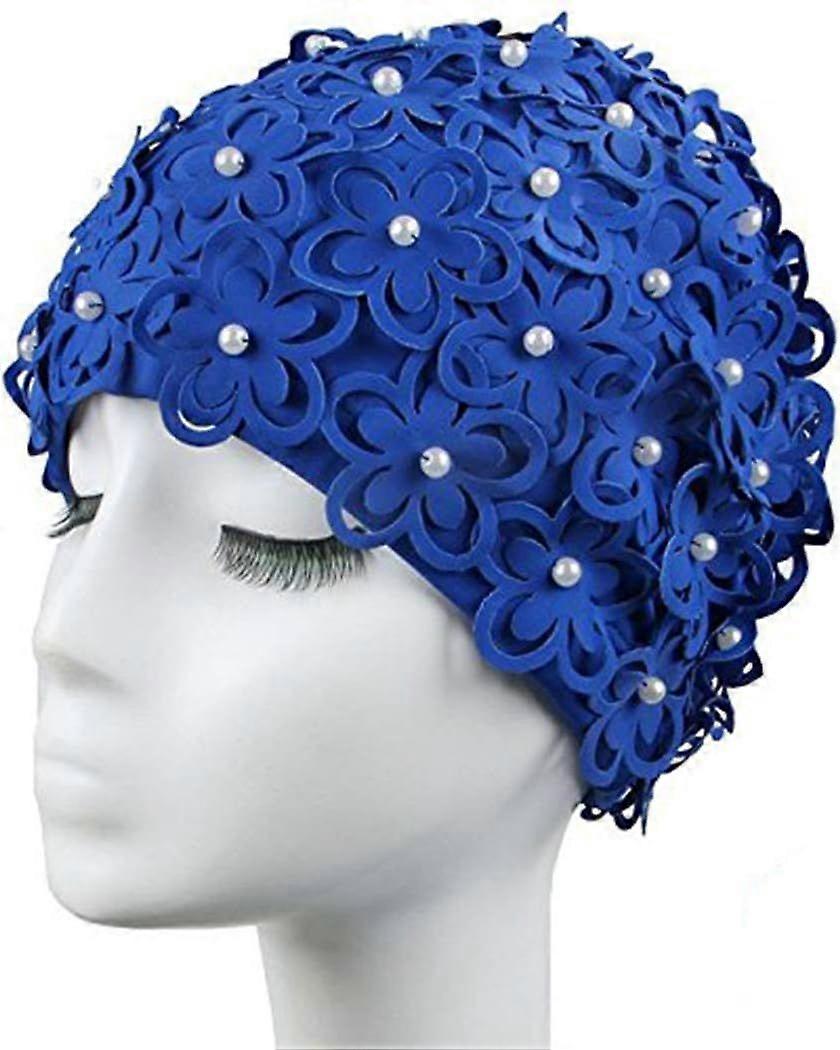 Women's swim cap with hand-sewn flowers and beads