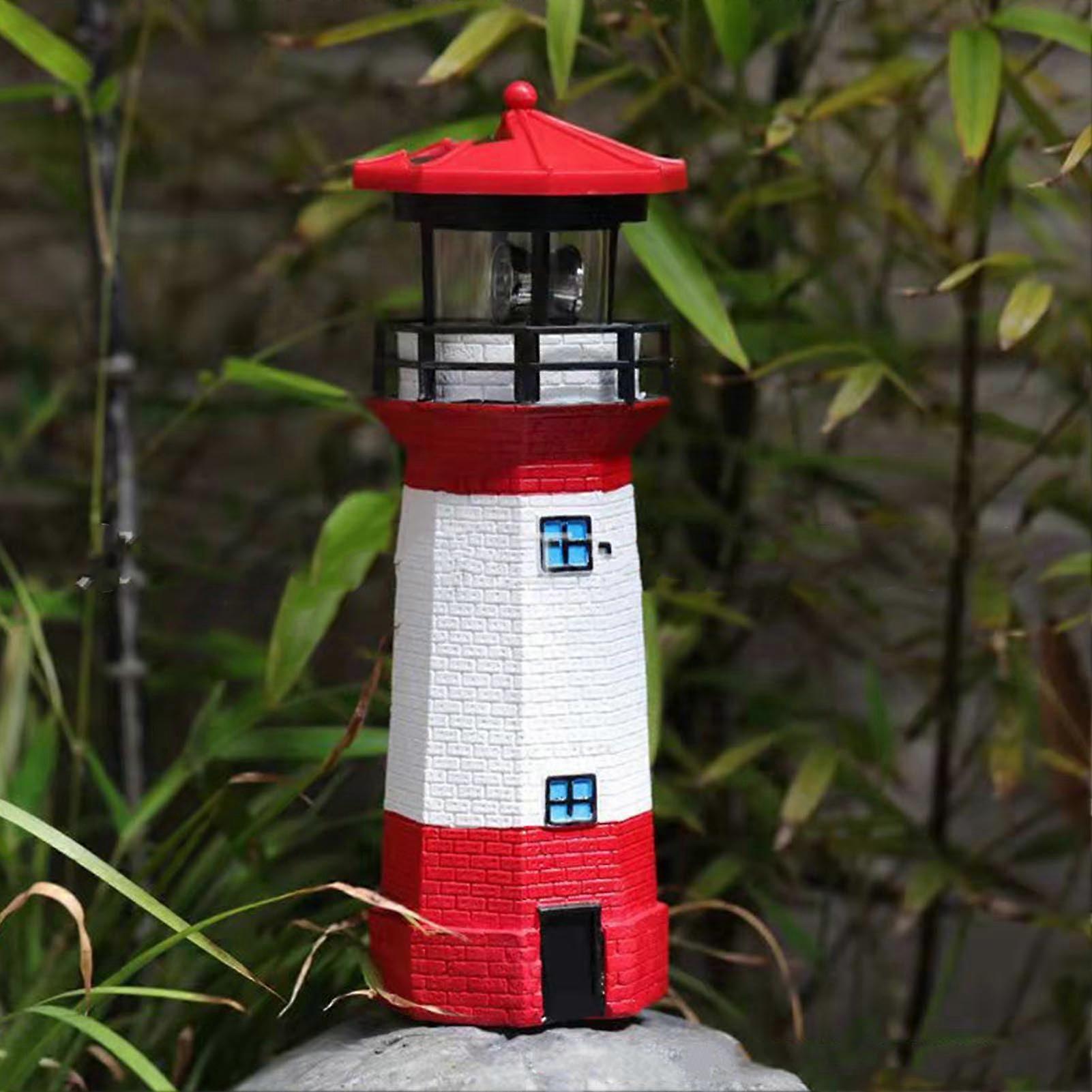 Solar Powered Lighthouse with Energy Saving Solar Lighthouse with Rotating Beacon for Garden Decoration, Black (Red)