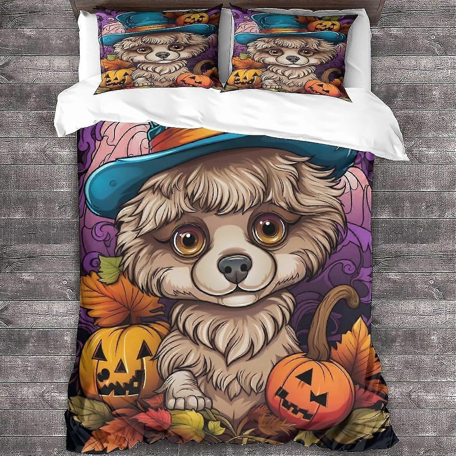 Conjunto de cama para cães Capa de edredom de animais Capa de edredão de Halloween Capa de edredão macia e fofa com zíper de metal King