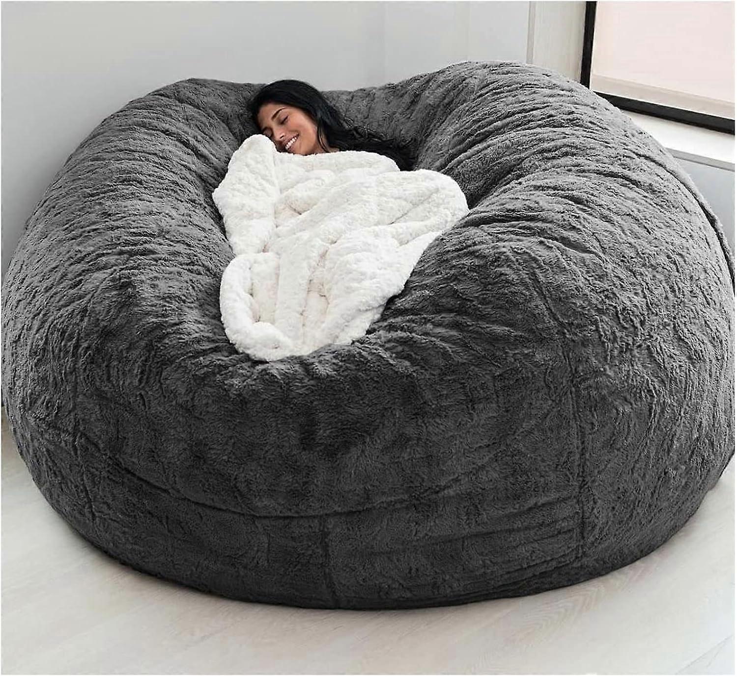 Bean Bag Cover, Giant Bean Bag Sofa Cover, Soft Fluffy Fur, Snow White, Grey